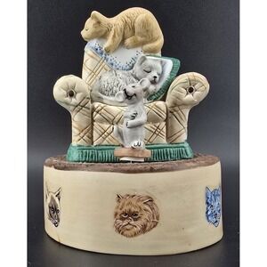 Vtg MSR Cats On Chair Ceramic Music Box‎ Mouse Spins Plays Impossible Dream